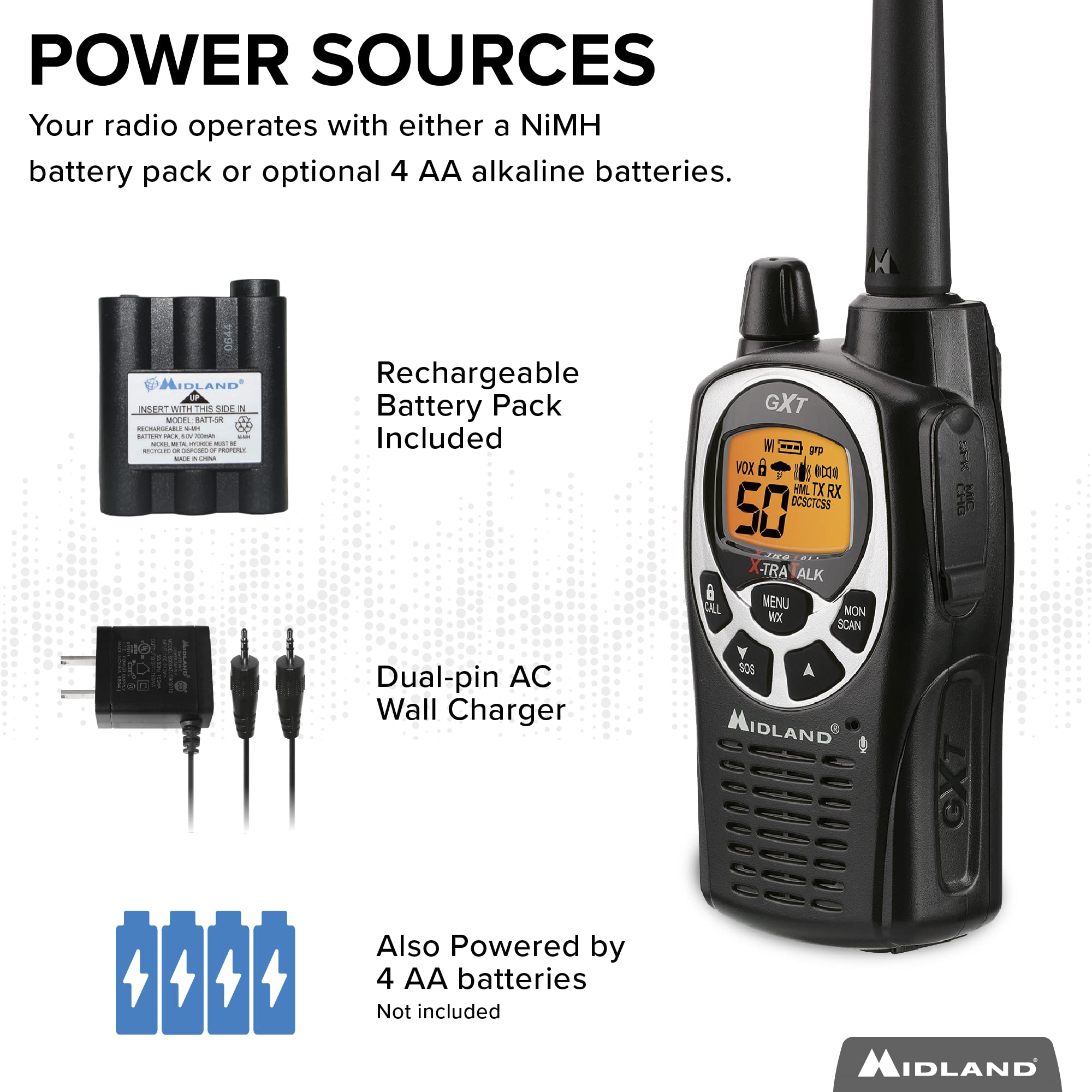 Midland�   Gxt1000Az   50 Channel Gmrs Two Way Radio   Long Range Walkie Talkie With 142 Privacy Codes, Sos Siren, And Noaa Weather Alerts And Weather Scan (Black/Silver, Single Pack)